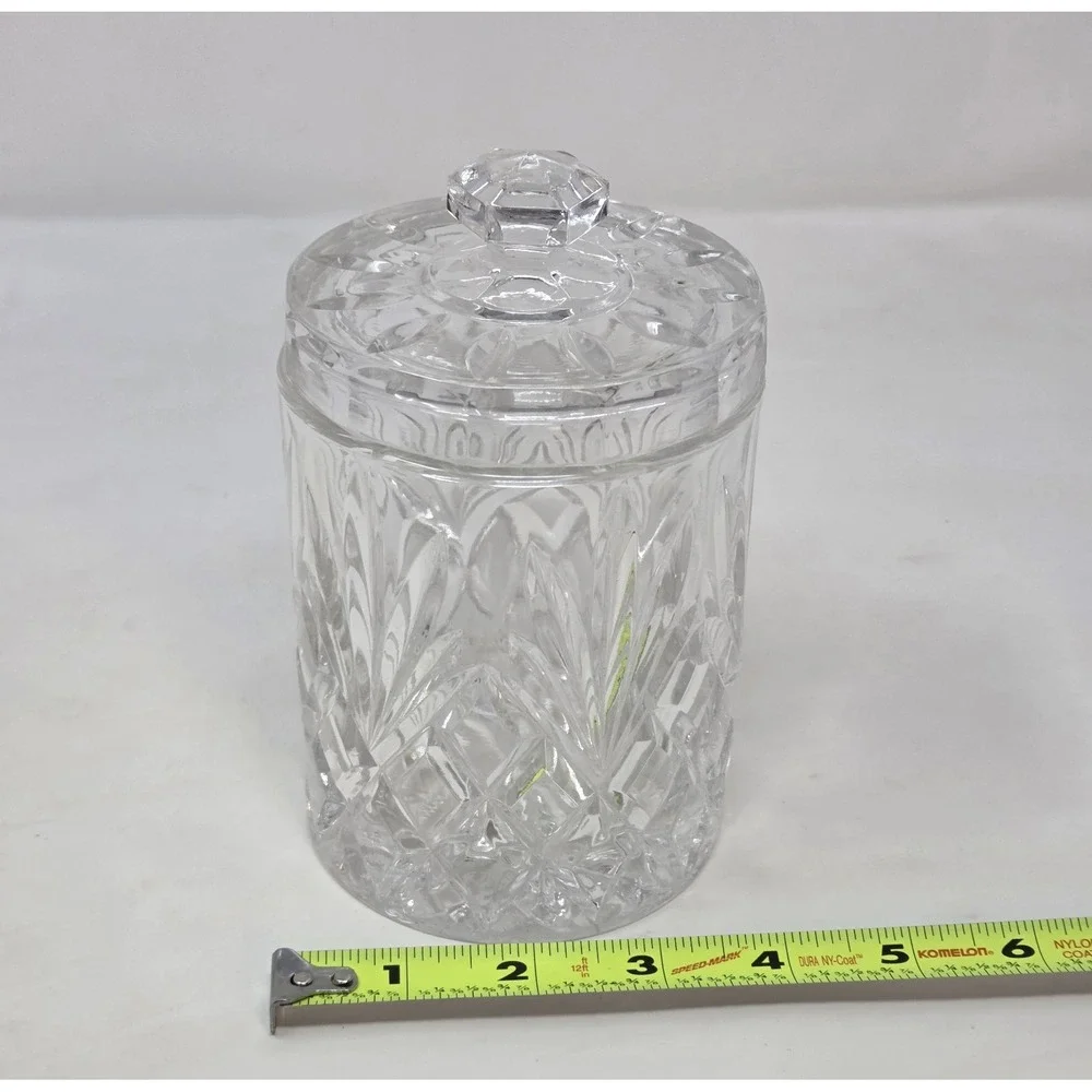Cut Lead Crystal Biscuit Jar Lidded Diamond Fan Pattern Faceted Knob Candy Dish